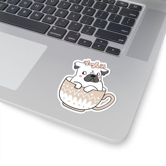 Cute Pug in Cup Stickers, Adorable Pet Decor, Dog Lover Gifts, Laptop Decals, Flower Crown Pug Art