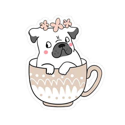 Cute Pug in Cup Stickers, Adorable Pet Decor, Dog Lover Gifts, Laptop Decals, Flower Crown Pug Art