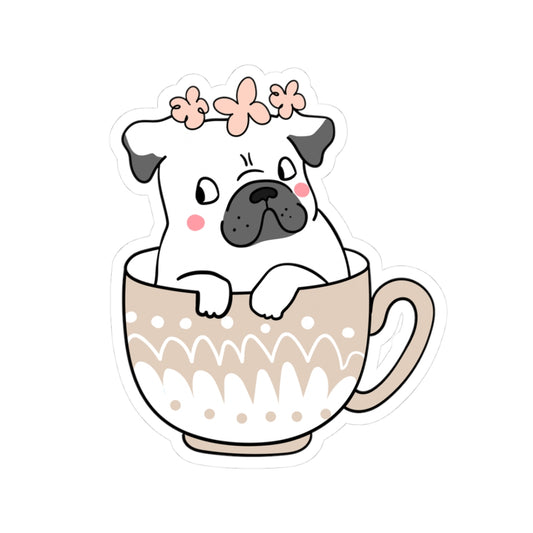 Cute Pug in Cup Stickers, Adorable Pet Decor, Dog Lover Gifts, Laptop Decals, Flower Crown Pug Art